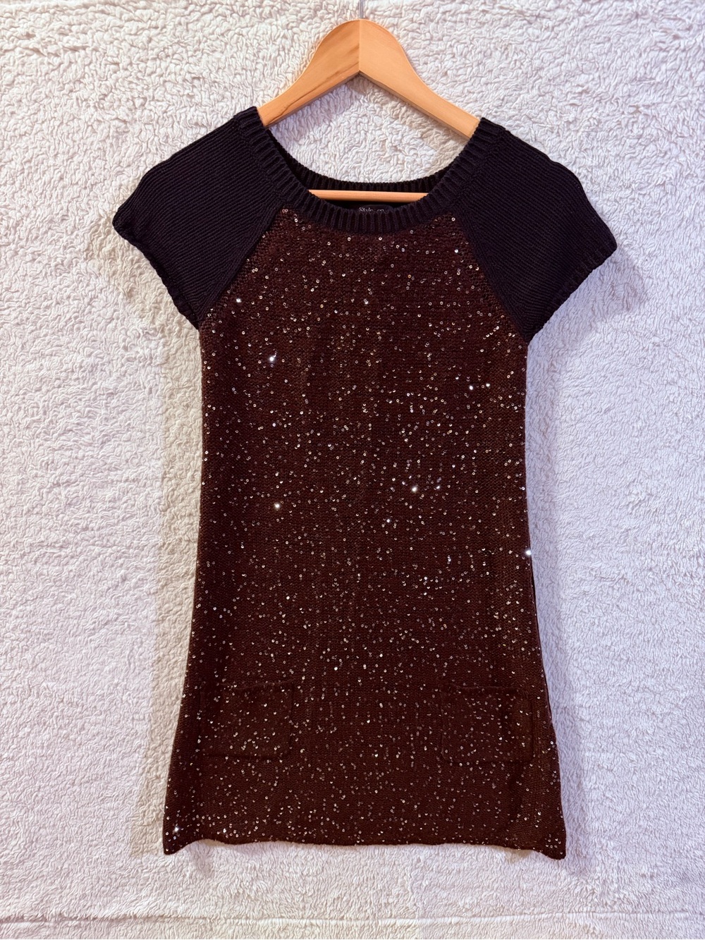 Style & Co. Black Short-Sleeve Sequin-Embellished Brown Knit Mini Dress